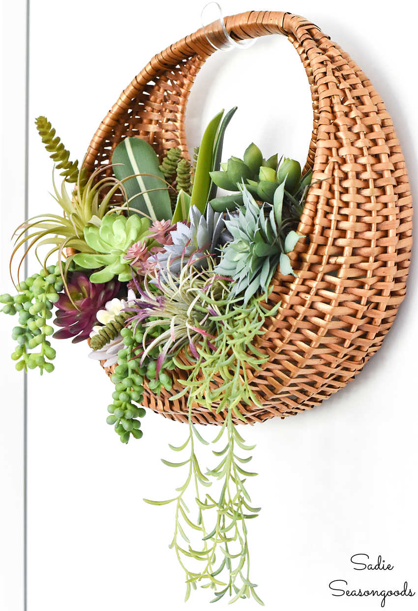 upcycling a round basket into a succulent hanger