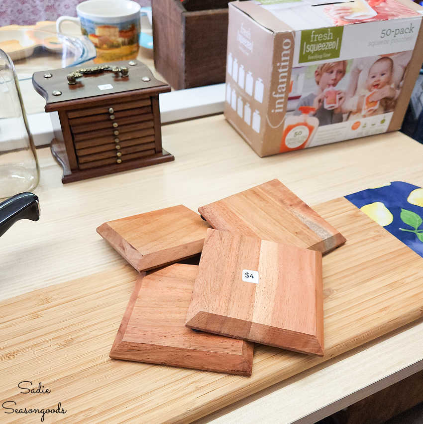 plain wooden coasters from the thrift store