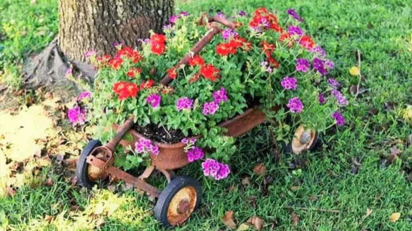 vintage wagon as garden decor