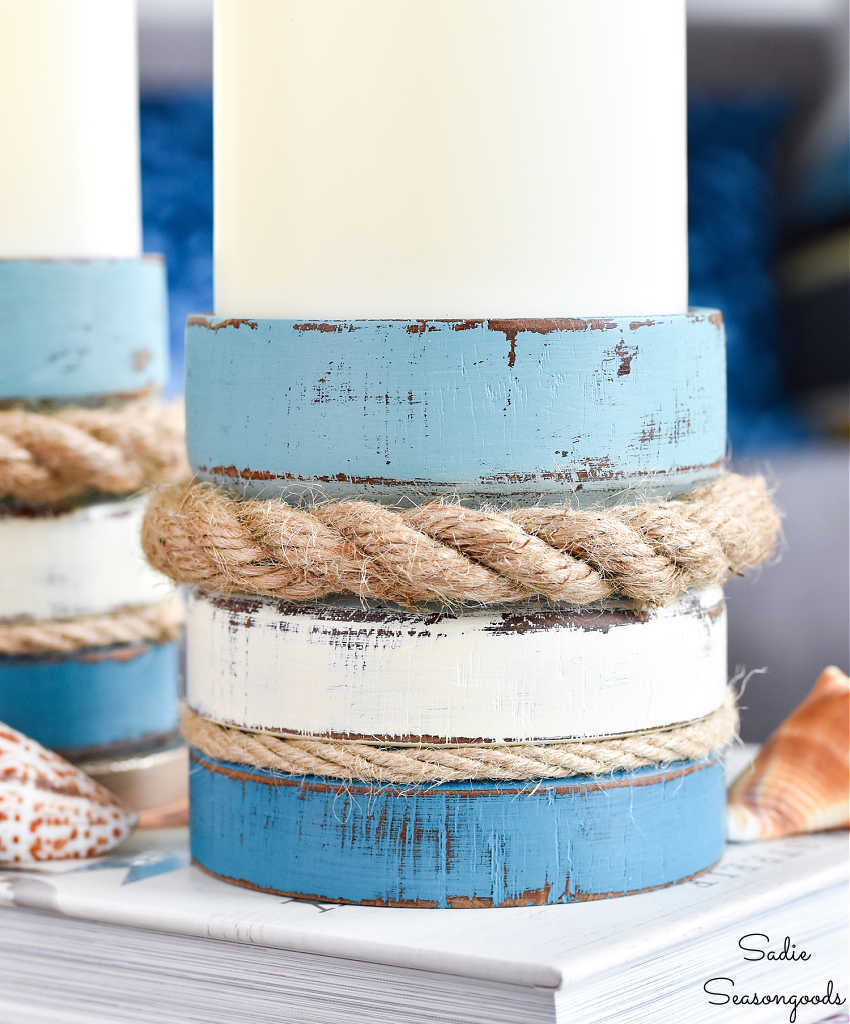 candle holders in coastal colors with nautical rope