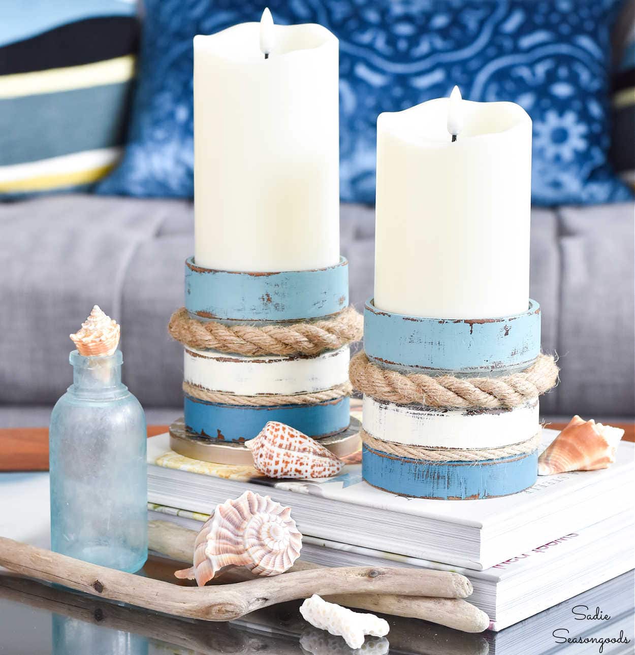 Pillar Candle Holders with Major Coastal Vibes (Thrift Store After)