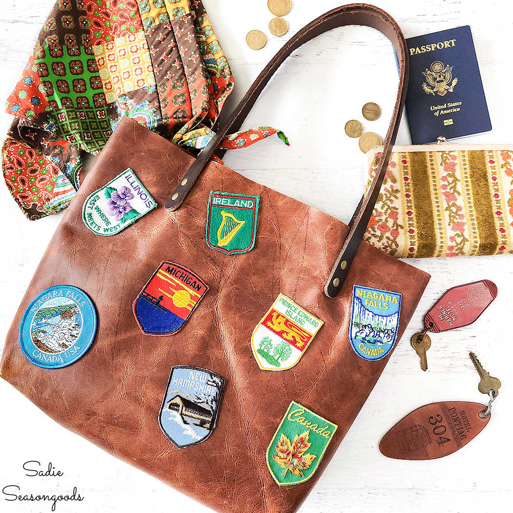 Travel Patches on a Leather Tote Bag