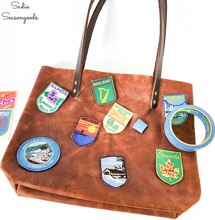 attaching travel patches to tote bag with leather glue