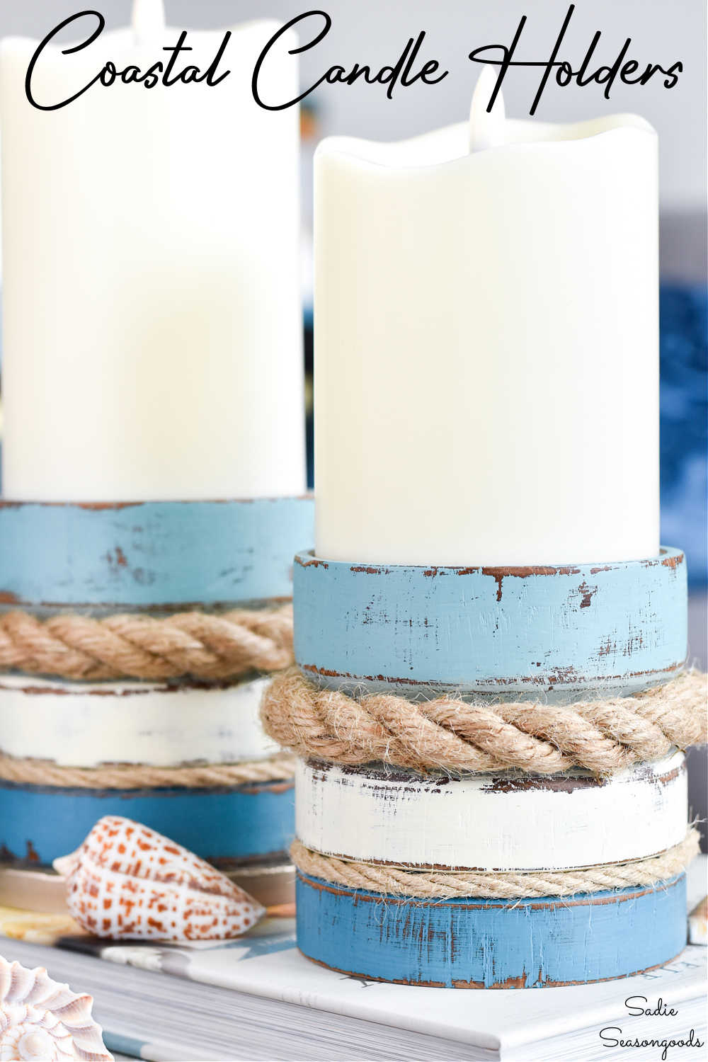 wood pillar candle holders with a coastal vibe