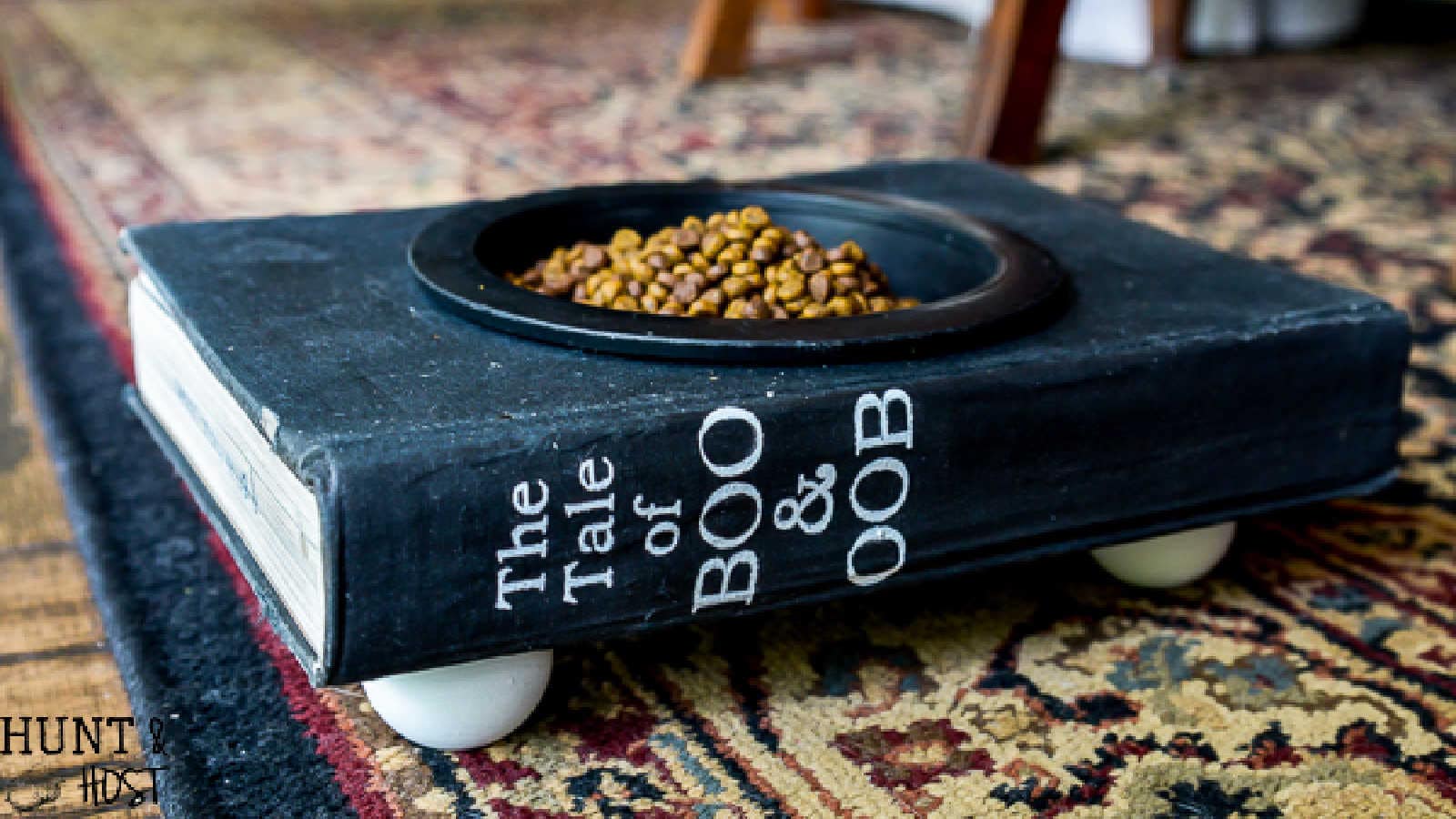 pet food bowl in a vintage book