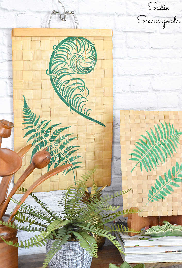 woven wall hangings with fern prints