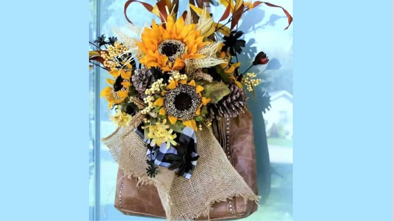 sunflower wreath in a leather purse