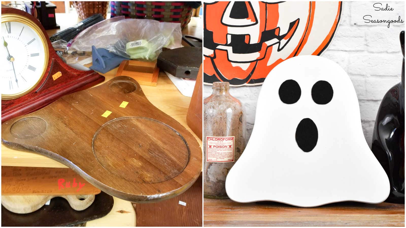 halloween ghost from a wooden tray or cheese board