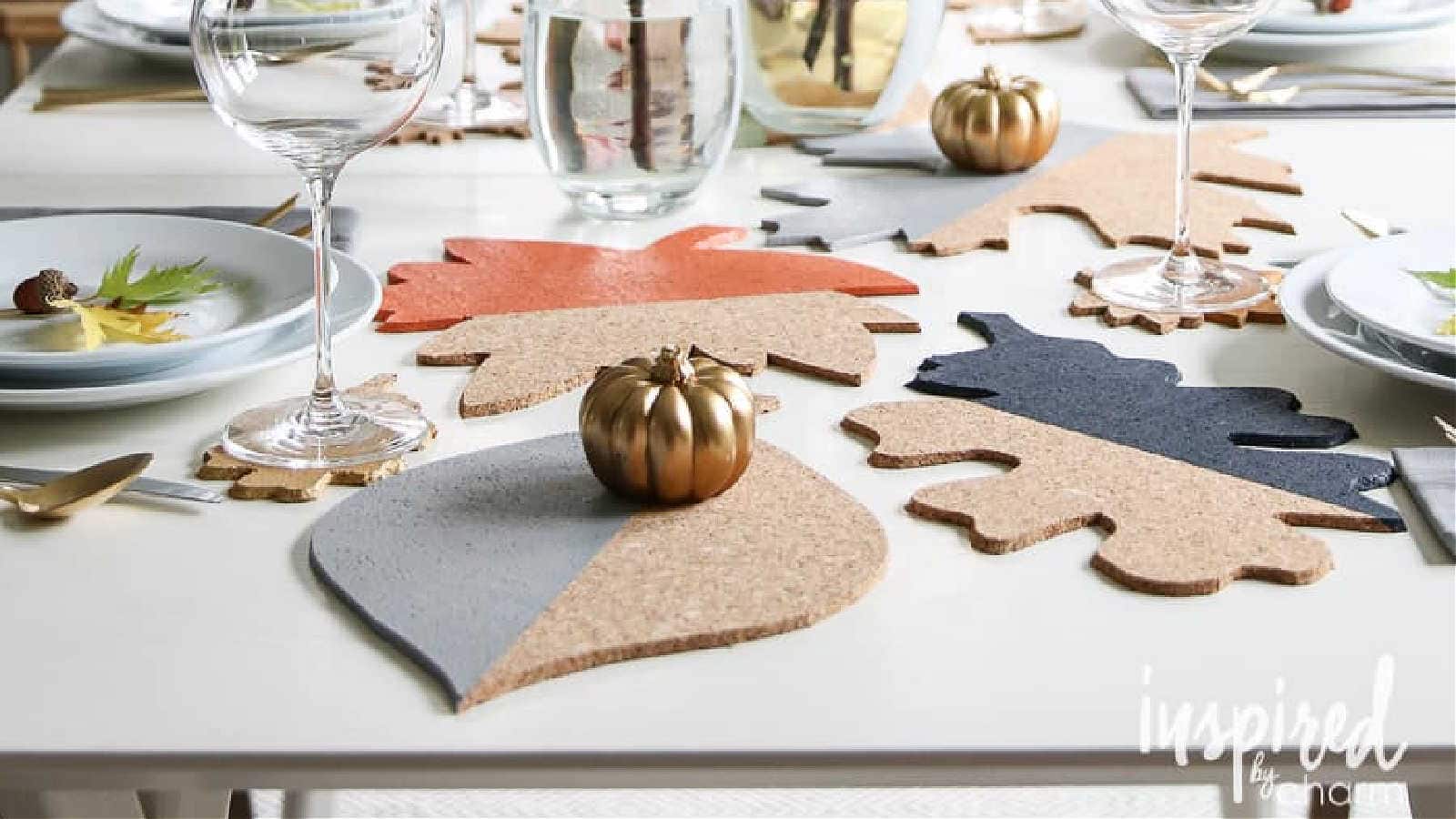 cork tiles as color block leaves on a fall table