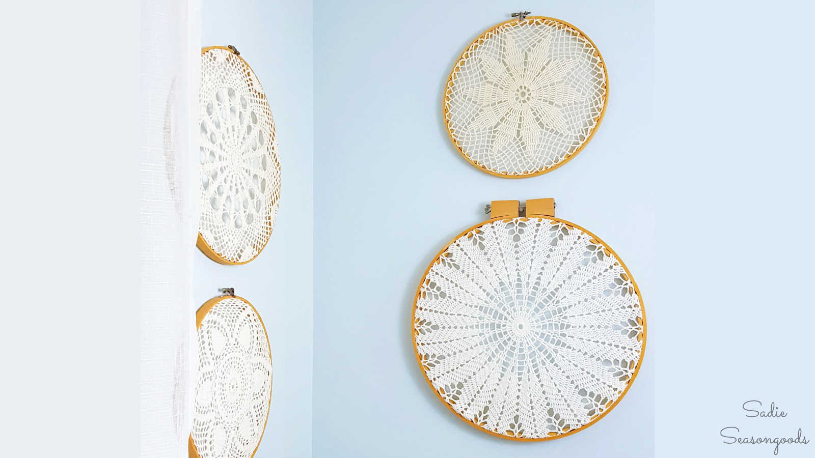 displaying doilies in embroidery hoops