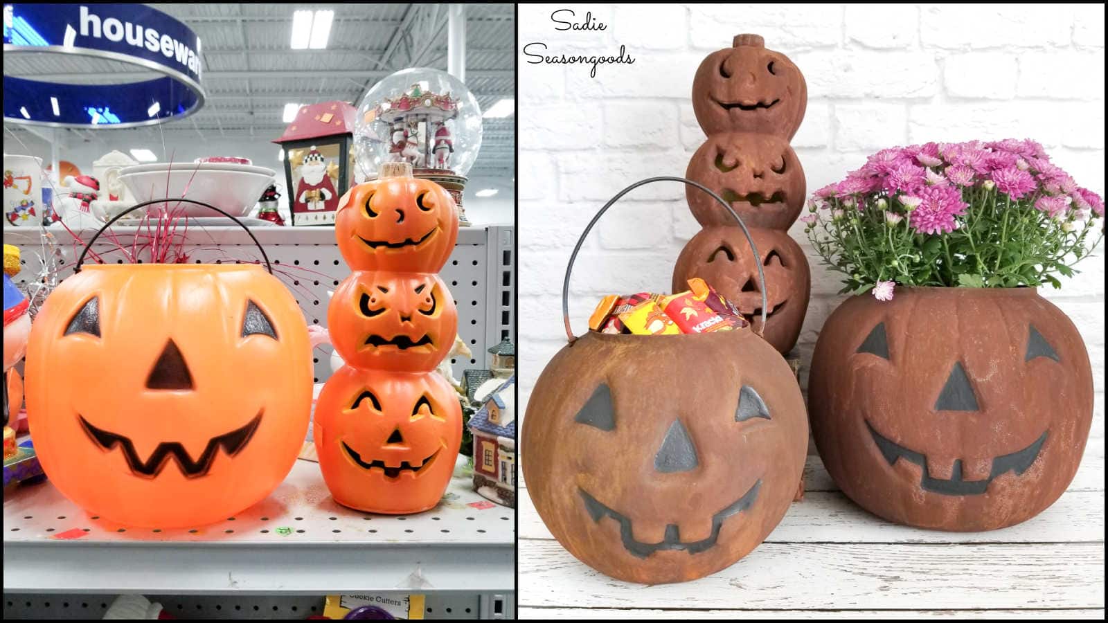 rusty jack-o-lanterns from plastic pumpkin buckets