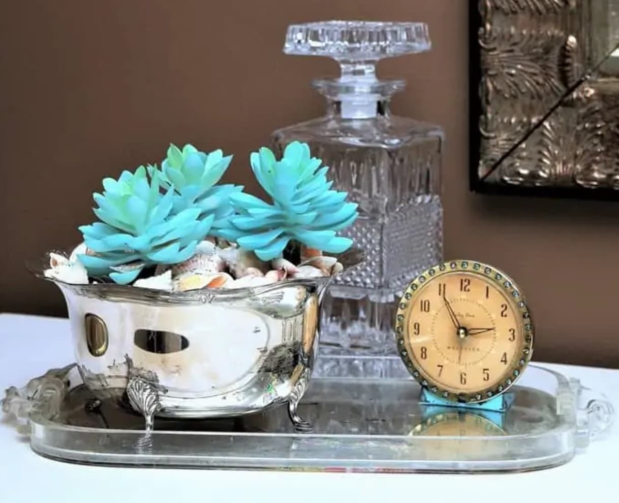 succulent planter in a silver plate bowl