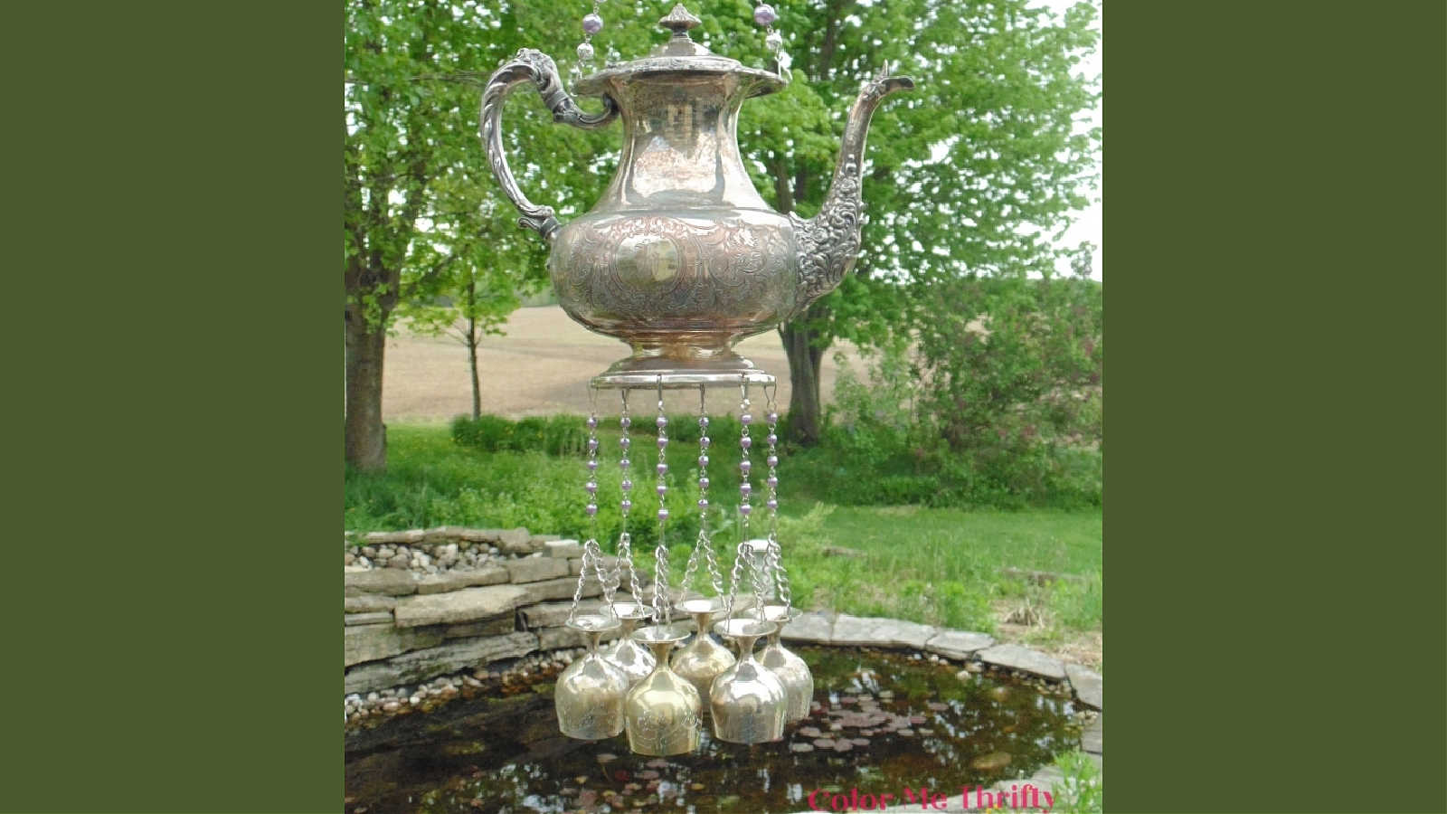 diy windchimes from a silver plate pitcher and goblets