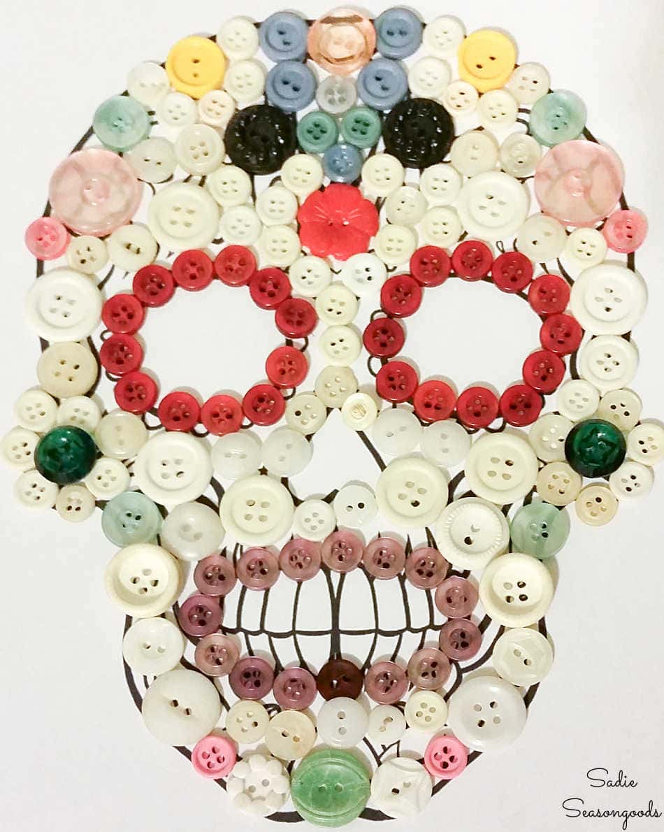 sugar skull art with vintage buttons