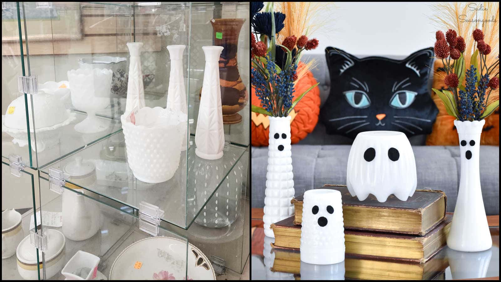 diy halloween decor with milk glass vases