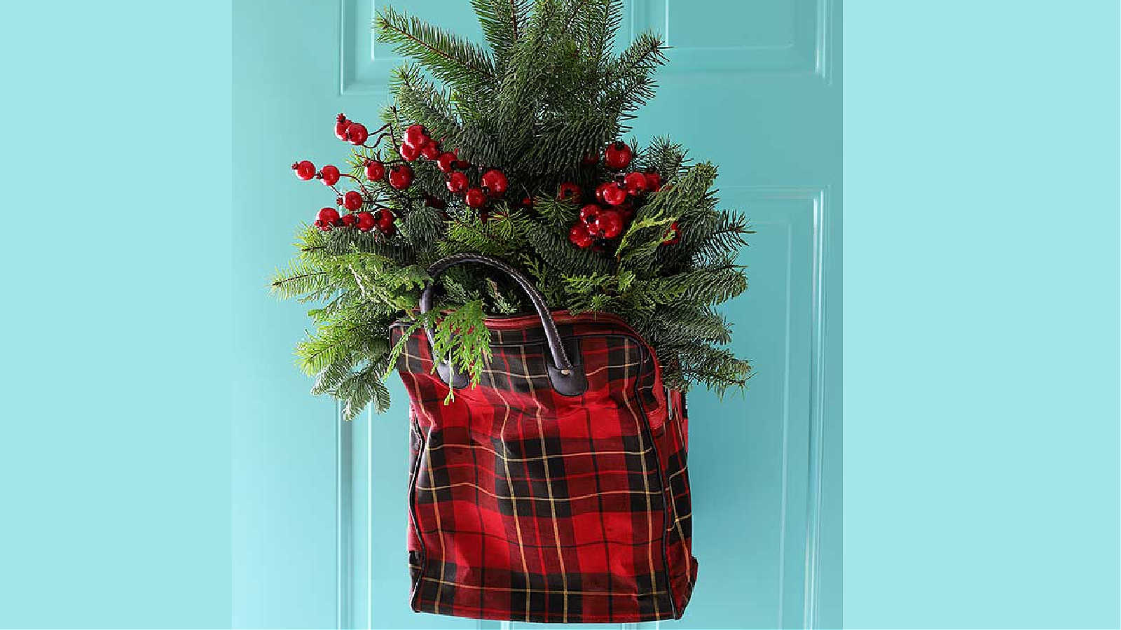 vintage plaid bag as a door hanger for Christmas