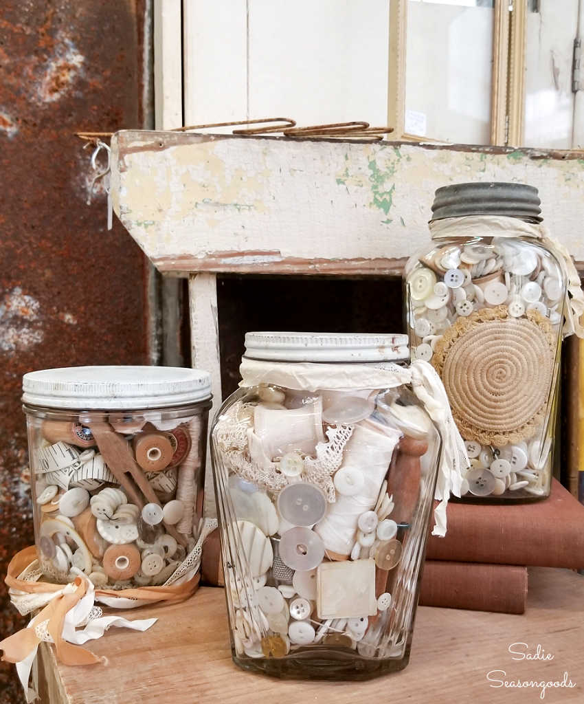 vintage buttons in antique jars