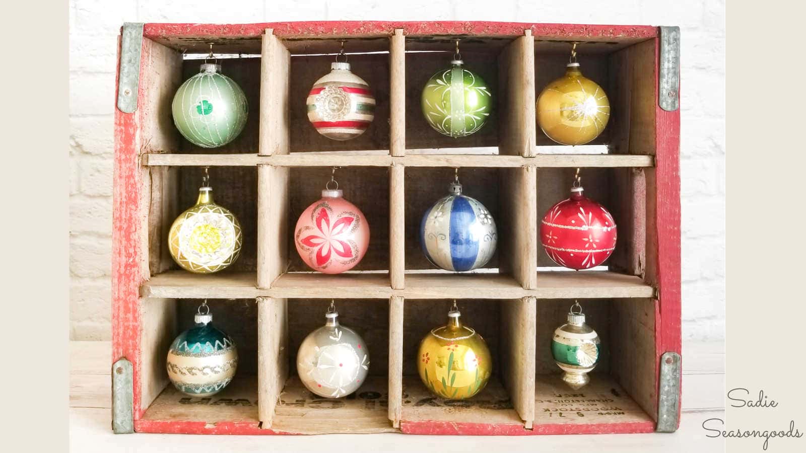 vintage soda crate as a christmas ornament display
