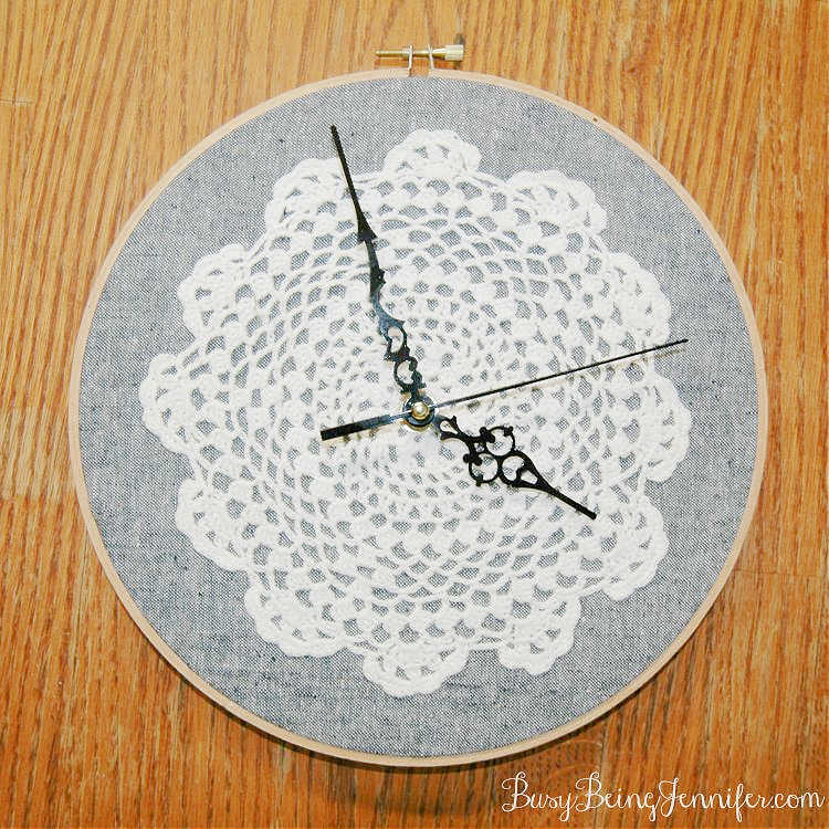diy wall clock with a vintage doily