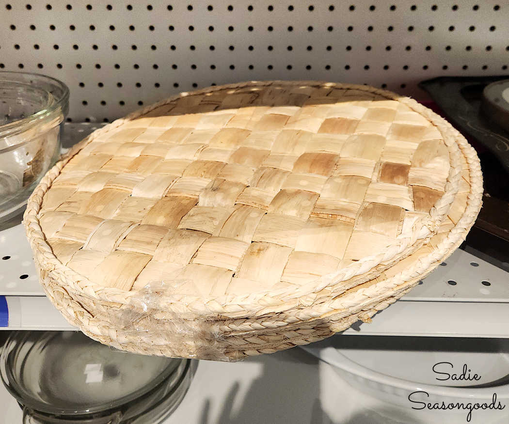 woven placemats on a thrift store shelf