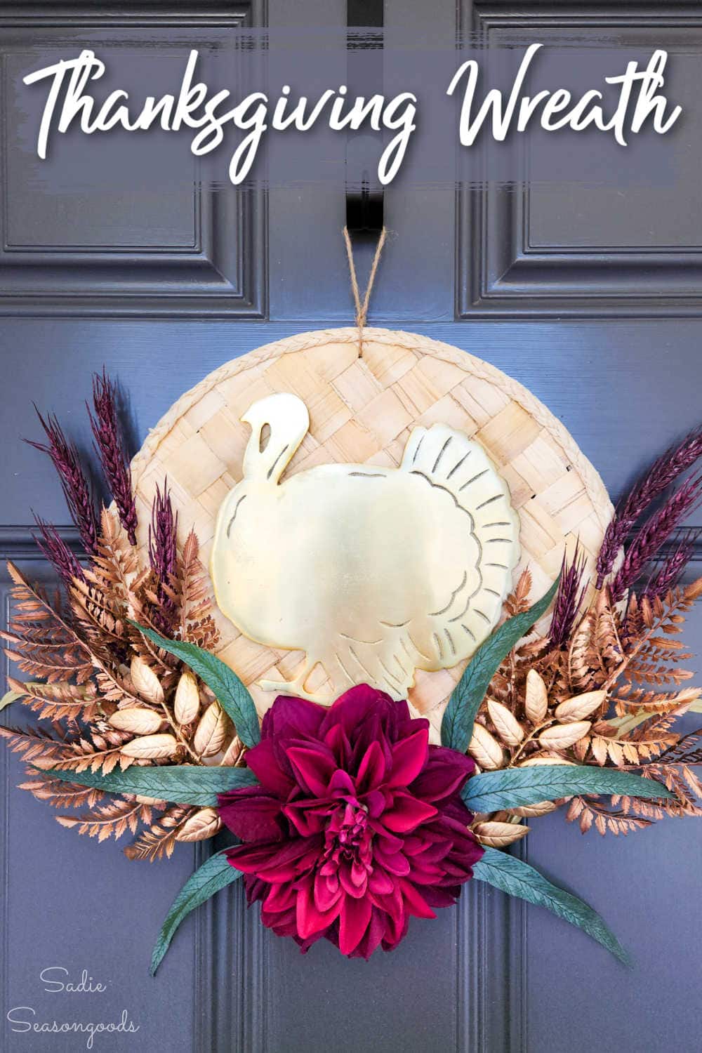 diy thanksgiving wreath with a brass turkey trivet