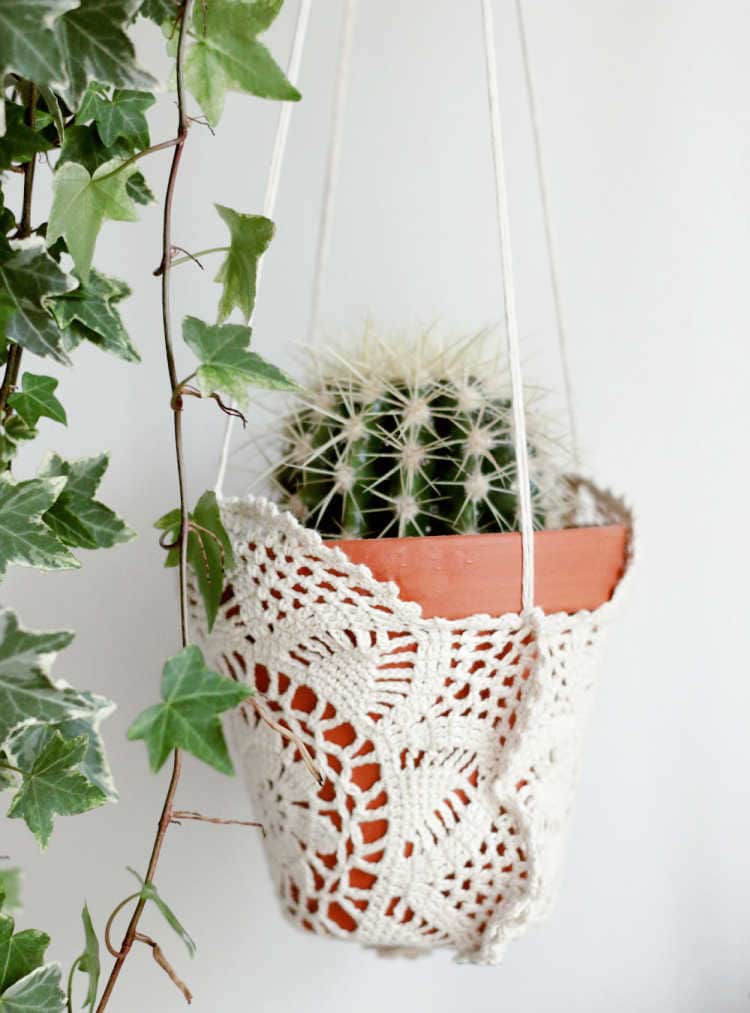 vintage doily as a hanging planter