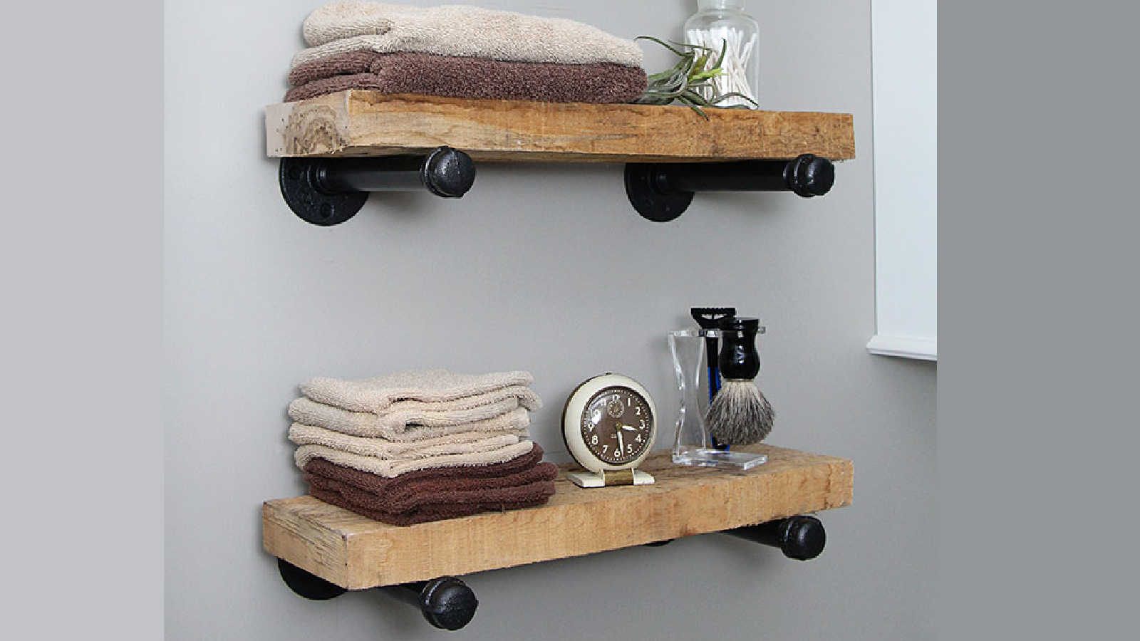 industrial shelving in the powder room