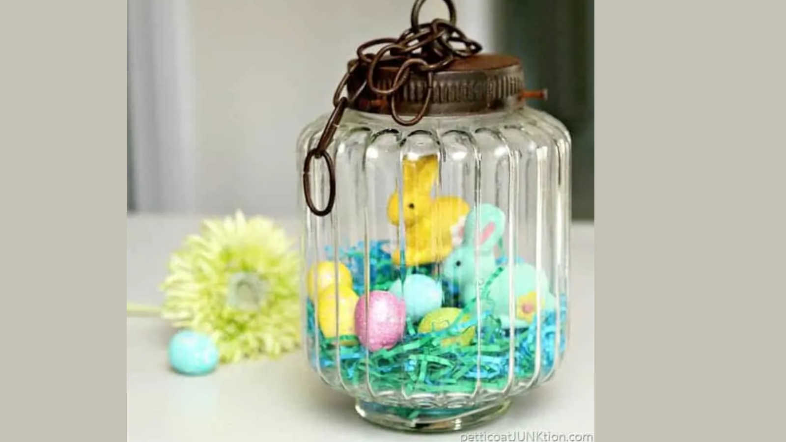 easter decor in a vintage light fixture