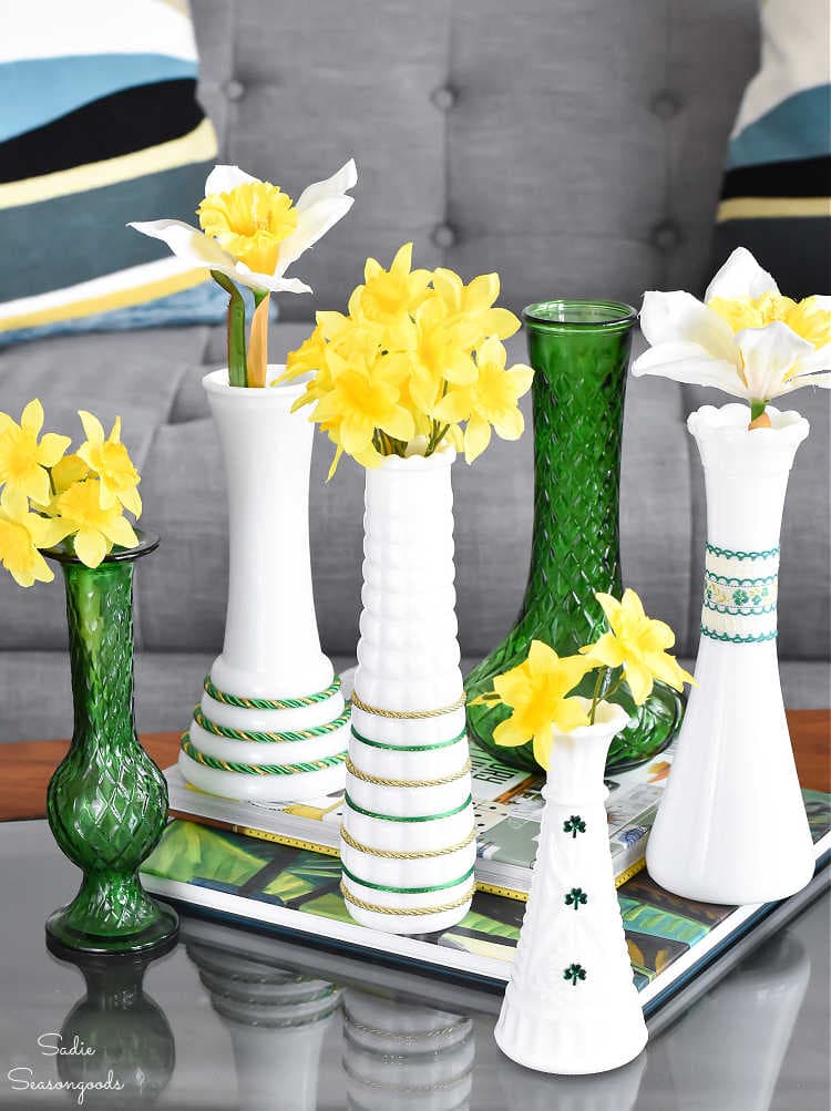 milk glass and green glass vases