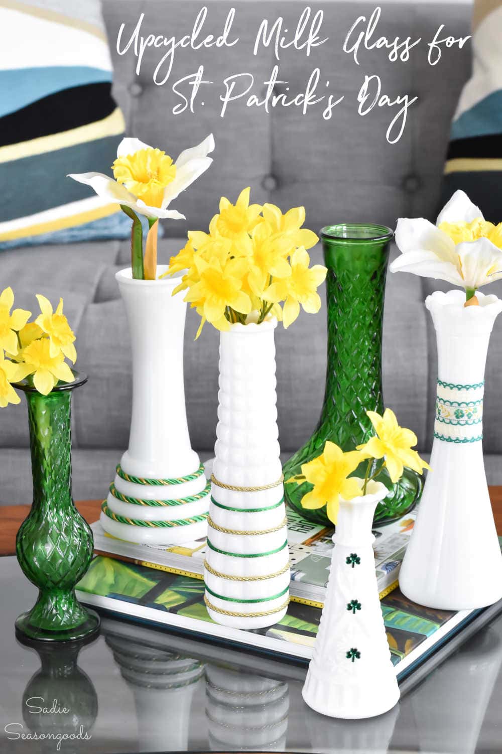 st. patrick's day decorations with green glass and milk glass vases