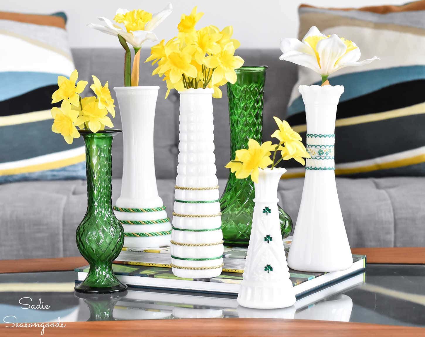 Milk Glass Vases as St. Patrick’s Day Decor