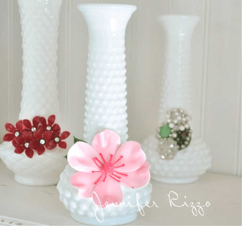 decorating milk glass vases with vintage jewelry