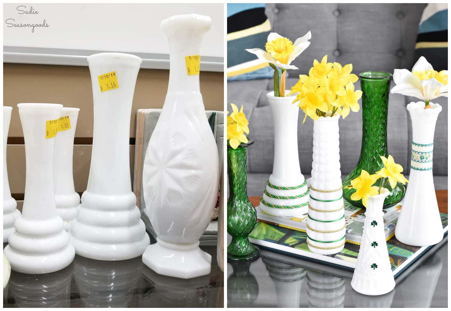milk glass vases that have been decorated without paint