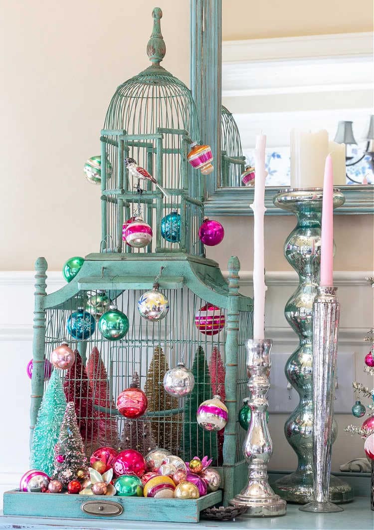 decorating a vintage bird cage for christmas
