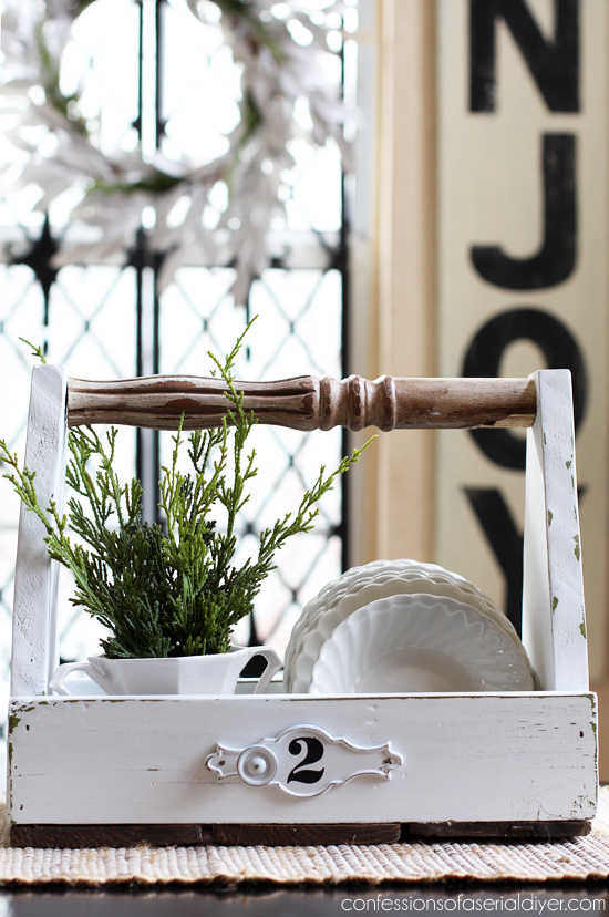 upcycled tool tote in farmhouse decor