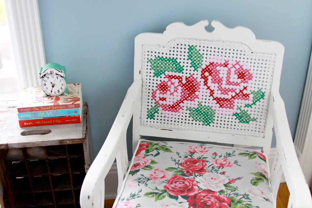oversized cross stitch on vintage cane