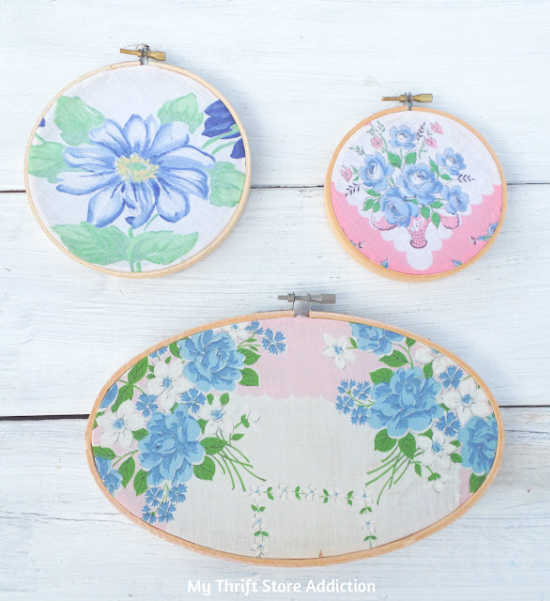 displaying handkerchiefs in embroidery hoops