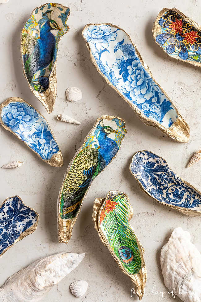 oyster shells that have been decoupaged