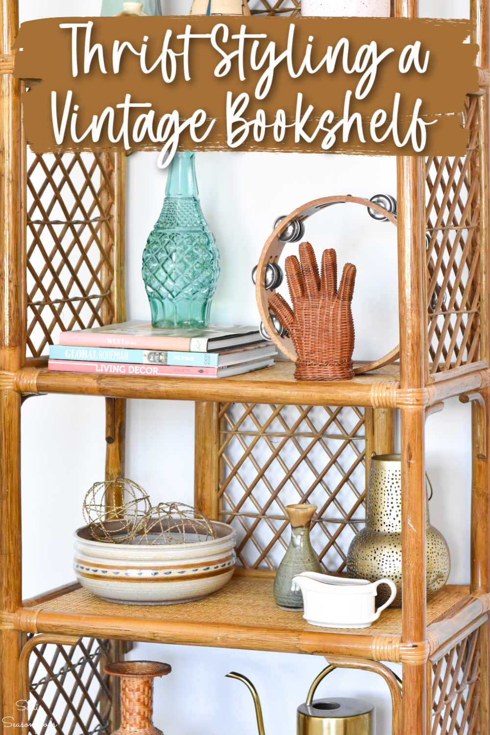 styling a bookshelf with thrift store finds