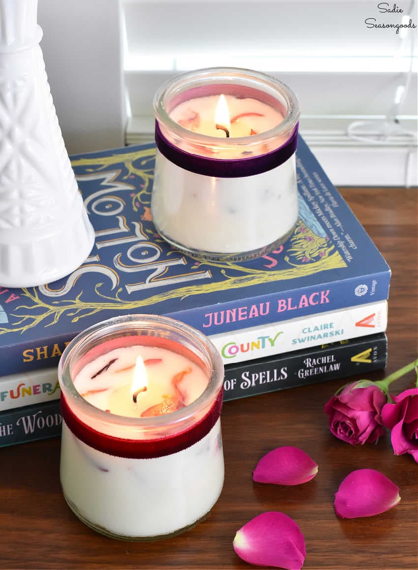 oui yogurt jar candles with dried rose petals