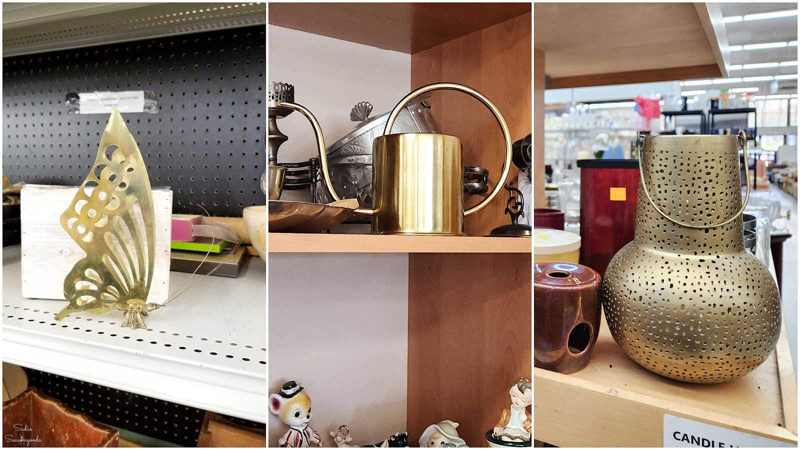 decorating a bookshelf with vintage brass