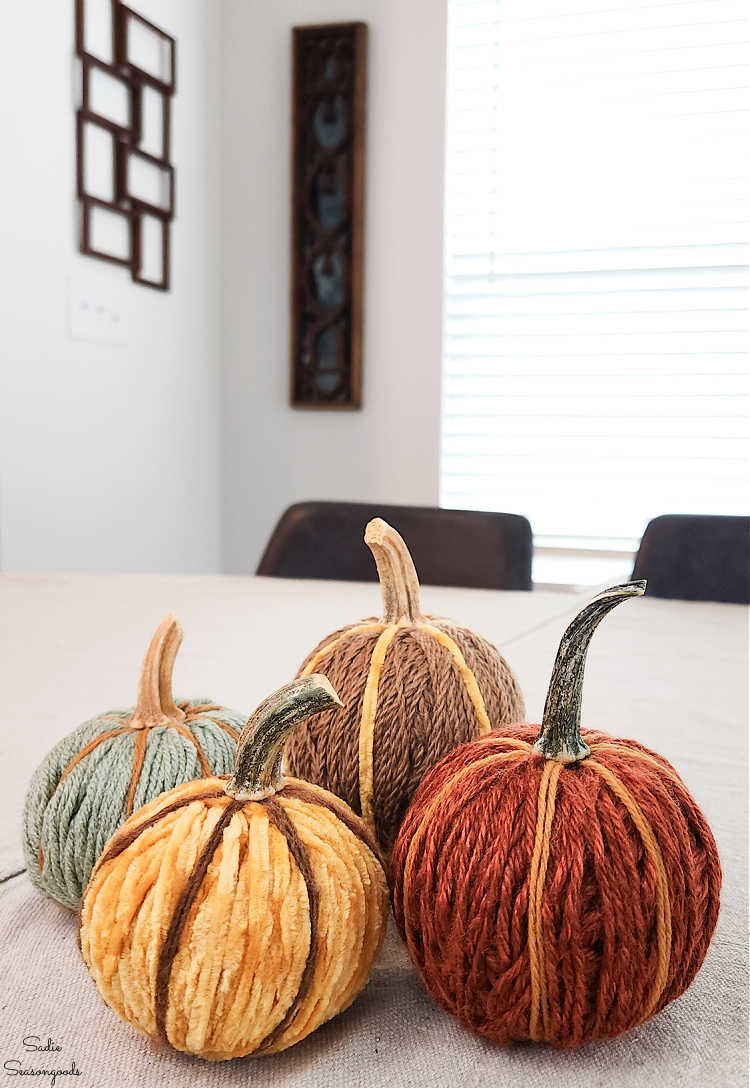 fall decor with yarn balls