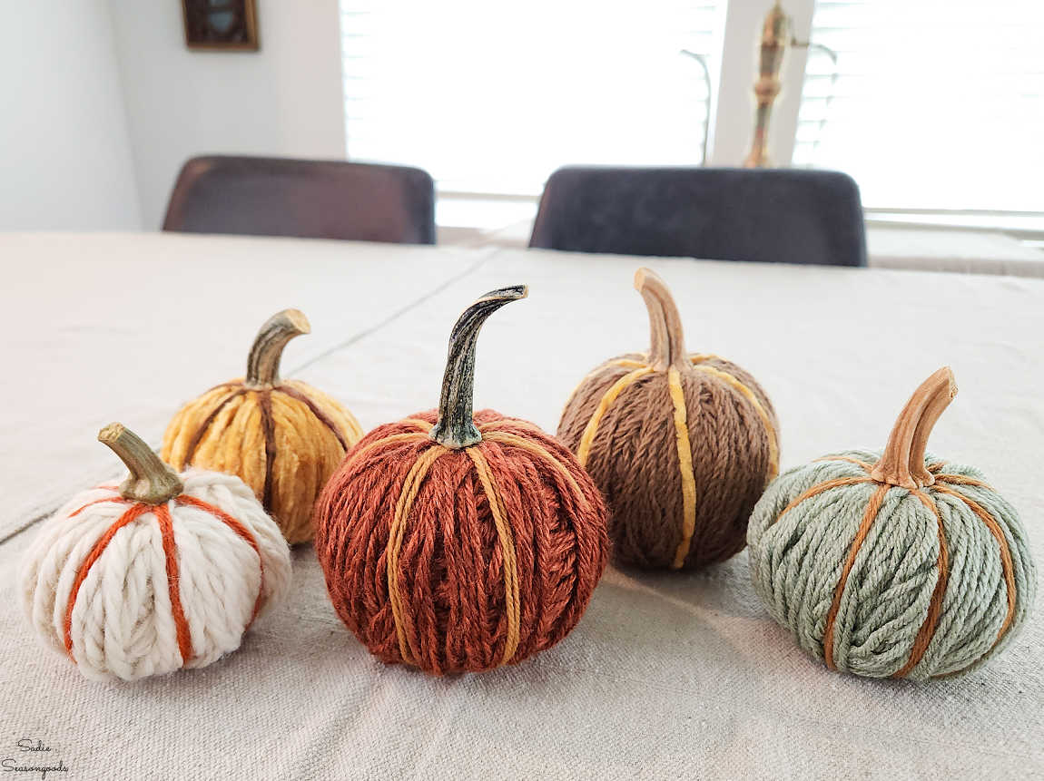 yarn pumpkins with real stems
