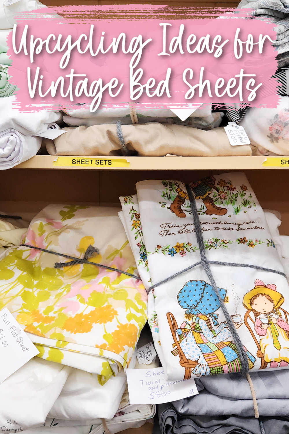 vintage bed sheets at a thrift store