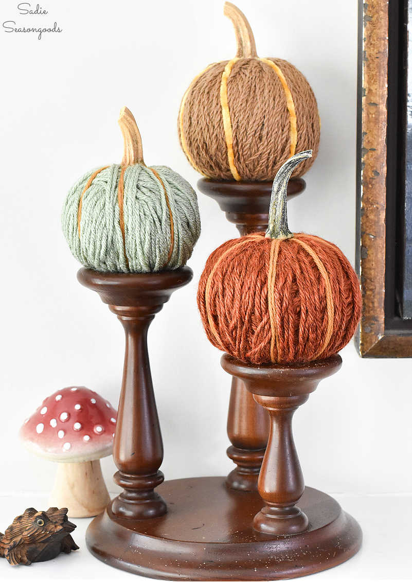 decorating for fall with yarn pumpkins