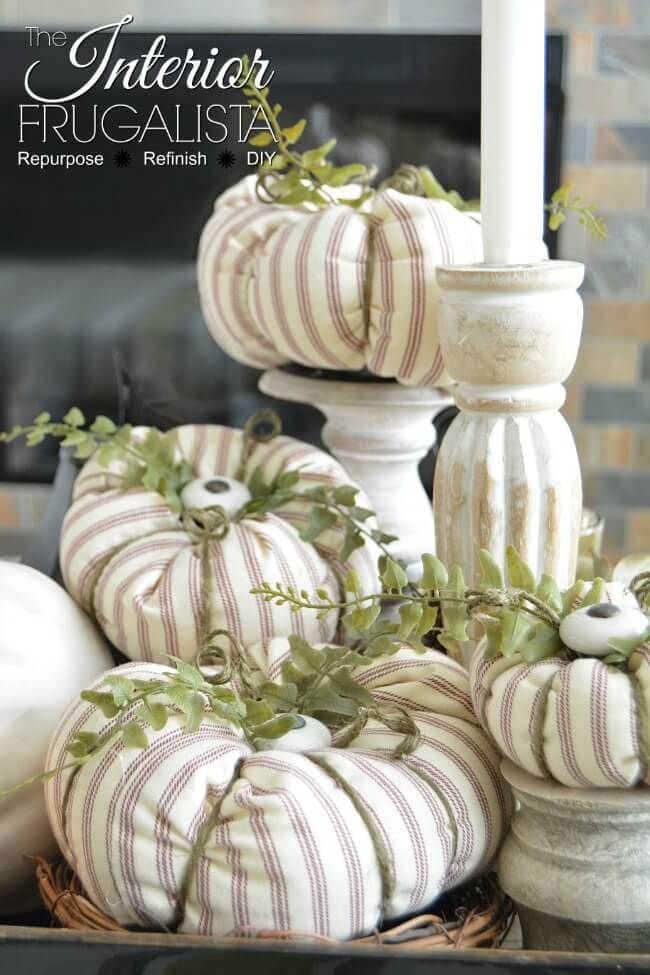 ticking fabric pumpkins with cabinet knob stems