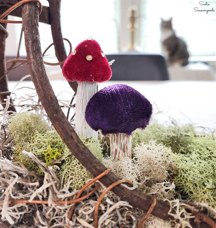 decorating a basket with mushrooms