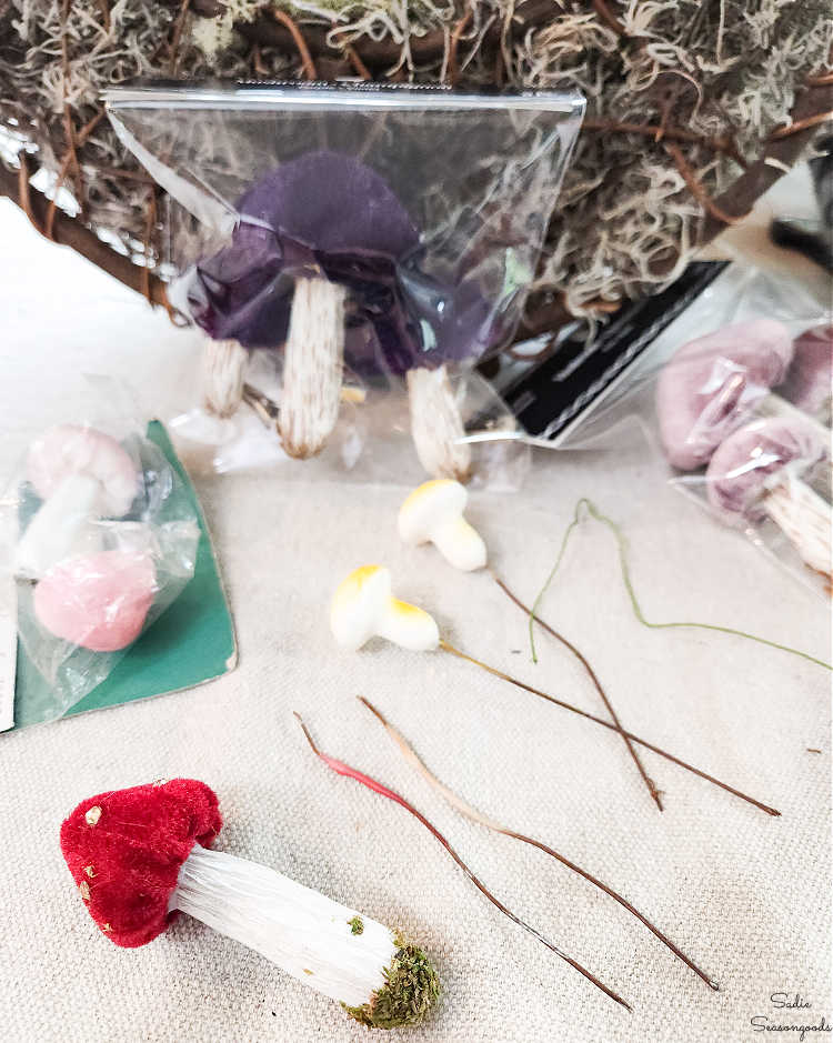 adding floral wire to decorative mushrooms