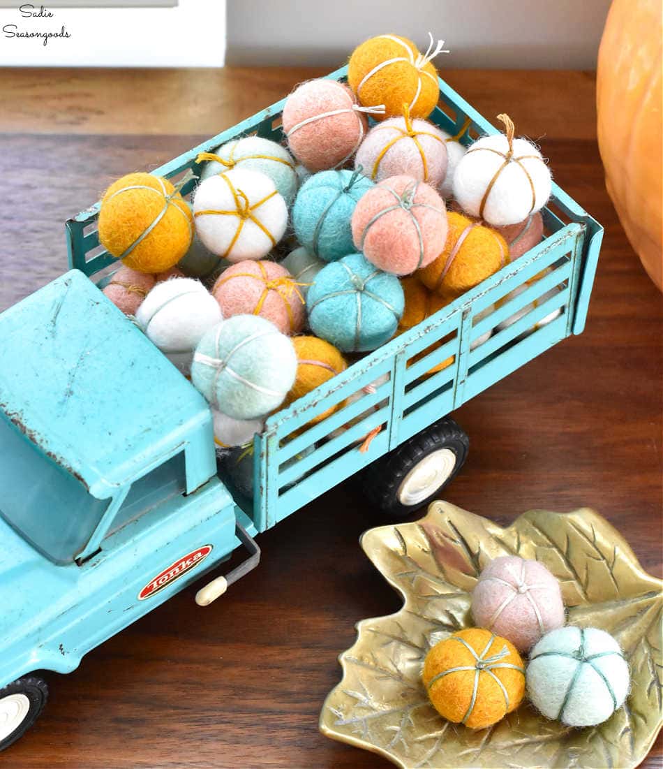 decorating a vintage toy truck for fall