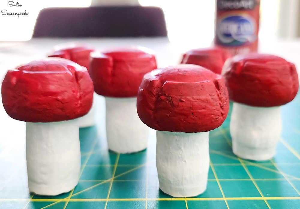 red and white mushrooms from champagne corks